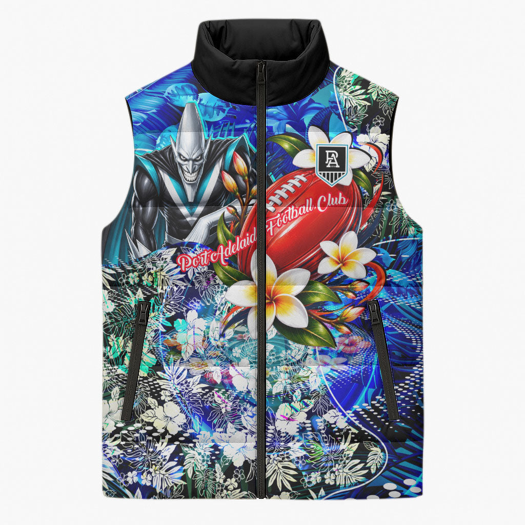 Personalized Port Adelaide Football Power Sleeveless Puffer Jacket Tropical Hibiscus Flowers - Pacific Fusion Style