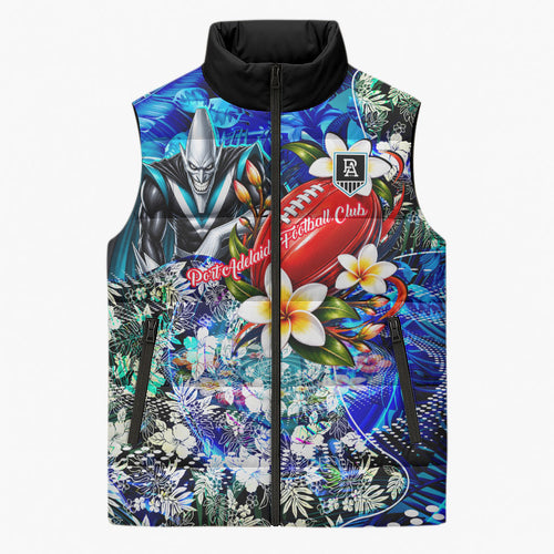 Personalized Port Adelaide Football Power Sleeveless Puffer Jacket Tropical Hibiscus Flowers - Pacific Fusion Style