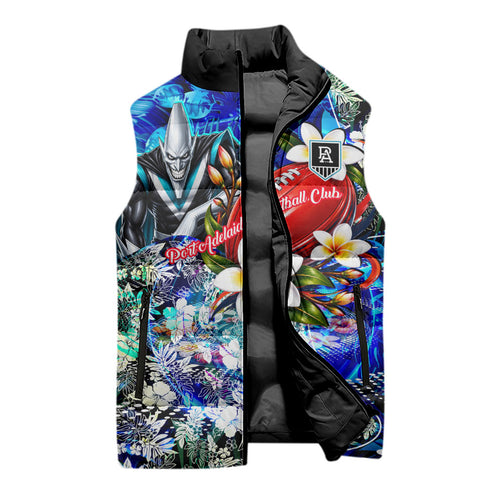 Personalized Port Adelaide Football Power Sleeveless Puffer Jacket Tropical Hibiscus Flowers - Pacific Fusion Style