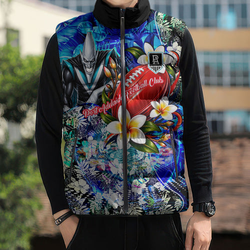 Personalized Port Adelaide Football Power Sleeveless Puffer Jacket Tropical Hibiscus Flowers - Pacific Fusion Style