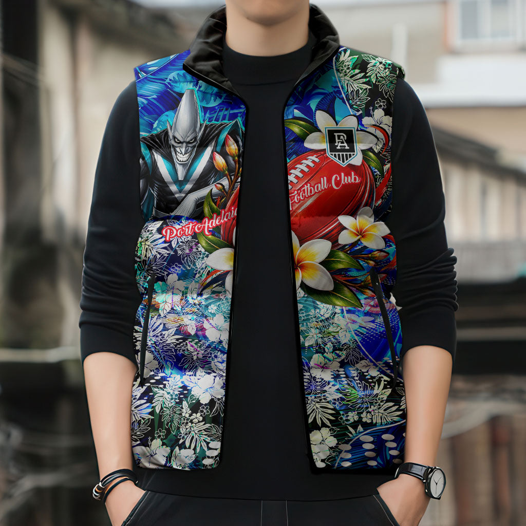 Personalized Port Adelaide Football Power Sleeveless Puffer Jacket Tropical Hibiscus Flowers - Pacific Fusion Style