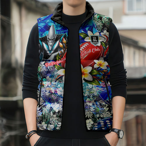 Personalized Port Adelaide Football Power Sleeveless Puffer Jacket Tropical Hibiscus Flowers - Pacific Fusion Style