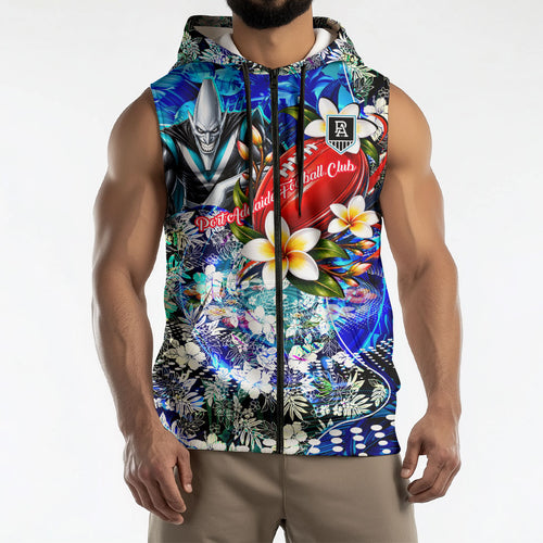 Personalized Port Adelaide Football Power Sleeveless Zip Hoodie Tropical Hibiscus Flowers - Pacific Fusion Style