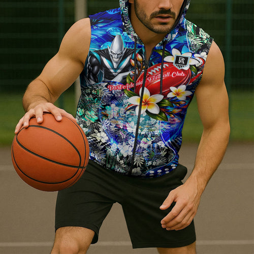 Personalized Port Adelaide Football Power Sleeveless Zip Hoodie Tropical Hibiscus Flowers - Pacific Fusion Style