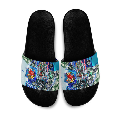 Personalized Port Adelaide Football Power Slide Sandals Tropical Hibiscus Flowers - Pacific Fusion Style
