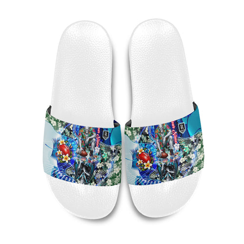Personalized Port Adelaide Football Power Slide Sandals Tropical Hibiscus Flowers - Pacific Fusion Style