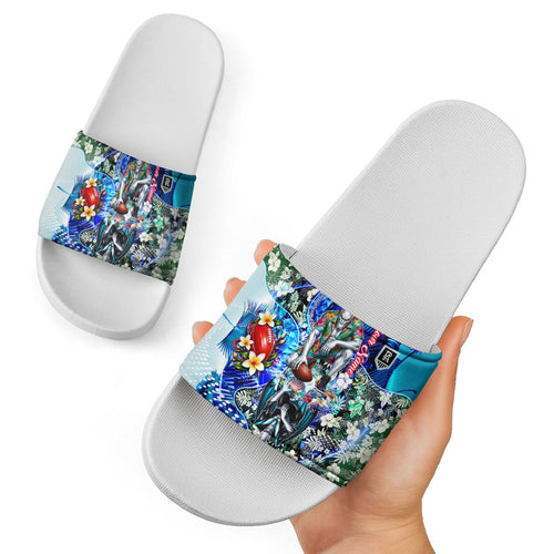 Personalized Port Adelaide Football Power Slide Sandals Tropical Hibiscus Flowers - Pacific Fusion Style
