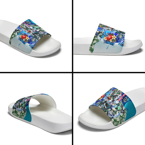Personalized Port Adelaide Football Power Slide Sandals Tropical Hibiscus Flowers - Pacific Fusion Style