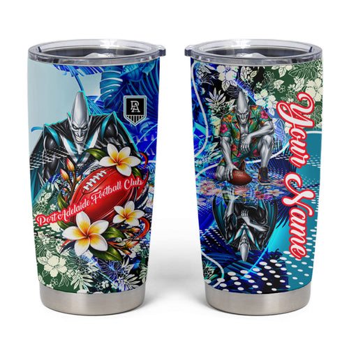Personalized Port Adelaide Football Power Tumbler Cup Tropical Hibiscus Flowers - Pacific Fusion Style