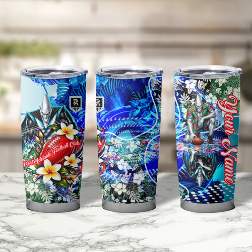 Personalized Port Adelaide Football Power Tumbler Cup Tropical Hibiscus Flowers - Pacific Fusion Style