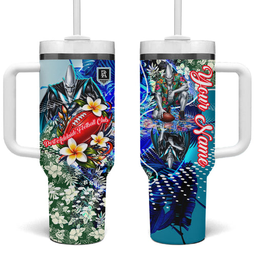 Personalized Port Adelaide Football Power Tumbler With Handle Tropical Hibiscus Flowers - Pacific Fusion Style