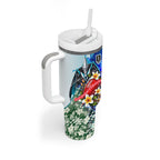 Personalized Port Adelaide Football Power Tumbler With Handle Tropical Hibiscus Flowers - Pacific Fusion Style