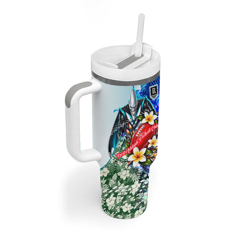 Personalized Port Adelaide Football Power Tumbler With Handle Tropical Hibiscus Flowers - Pacific Fusion Style