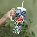 Personalized Port Adelaide Football Power Tumbler With Handle Tropical Hibiscus Flowers - Pacific Fusion Style