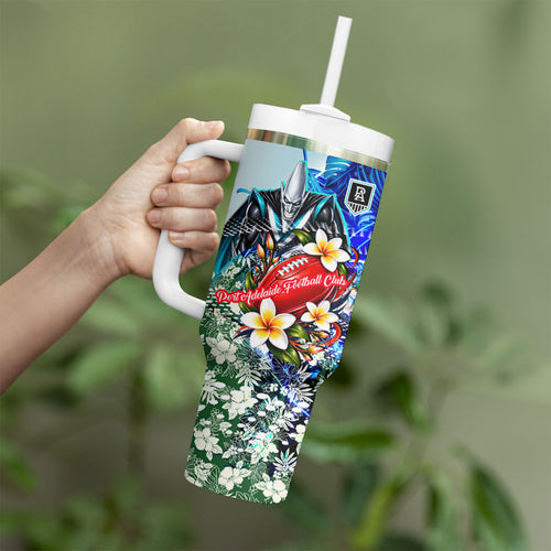 Personalized Port Adelaide Football Power Tumbler With Handle Tropical Hibiscus Flowers - Pacific Fusion Style