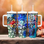 Personalized Port Adelaide Football Power Tumbler With Handle Tropical Hibiscus Flowers - Pacific Fusion Style