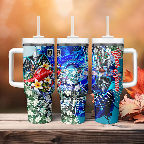 Personalized Port Adelaide Football Power Tumbler With Handle Tropical Hibiscus Flowers - Pacific Fusion Style