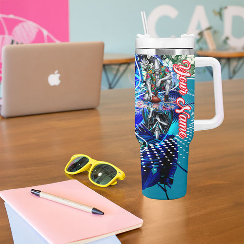 Personalized Port Adelaide Football Power Tumbler With Handle Tropical Hibiscus Flowers - Pacific Fusion Style