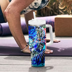 Personalized Port Adelaide Football Power Tumbler With Handle Tropical Hibiscus Flowers - Pacific Fusion Style