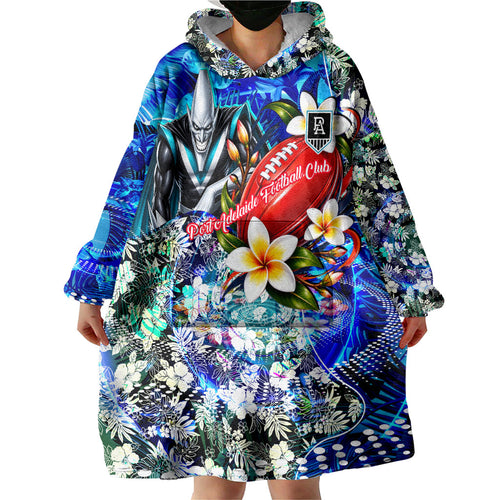 Personalized Port Adelaide Football Power Wearable Blanket Hoodie Tropical Hibiscus Flowers - Pacific Fusion Style
