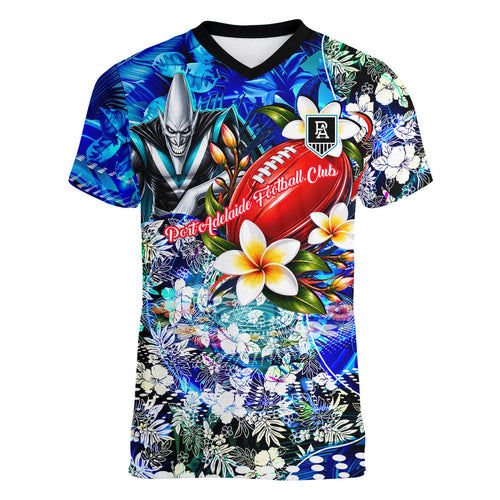 Personalized Port Adelaide Football Power Women V-Neck T-Shirt Tropical Hibiscus Flowers - Pacific Fusion Style