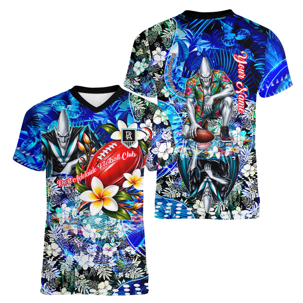 Personalized Port Adelaide Football Power Women V-Neck T-Shirt Tropical Hibiscus Flowers - Pacific Fusion Style