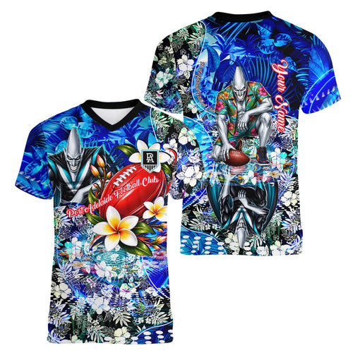 Personalized Port Adelaide Football Power Women V-Neck T-Shirt Tropical Hibiscus Flowers - Pacific Fusion Style