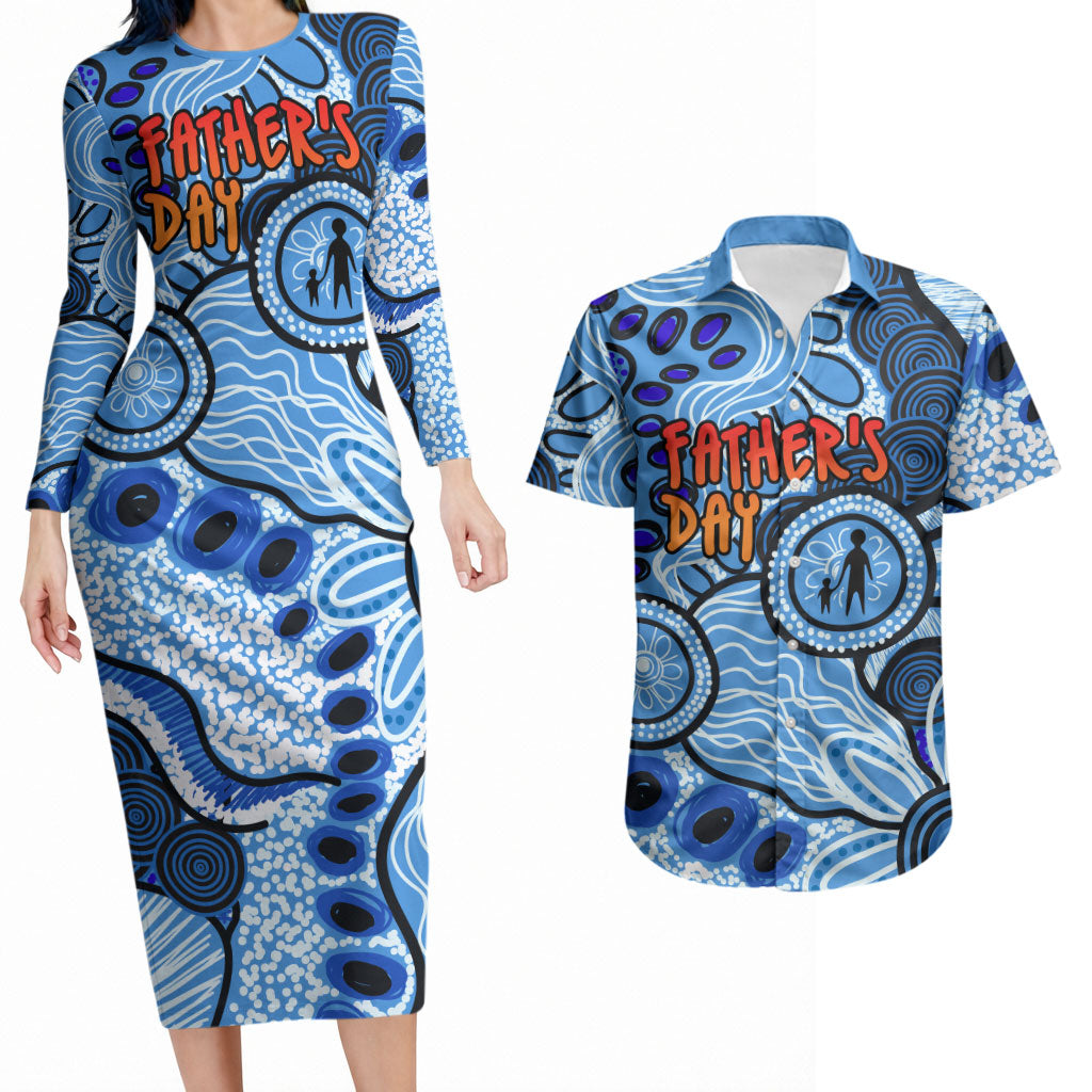 Australia Aboriginal Fathers Day Couples Matching Long Sleeve Bodycon Dress and Hawaiian Shirt Indigenous Dot Art Pattern - Parent Child