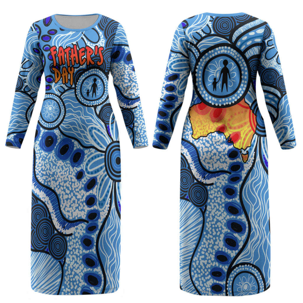 Australia Aboriginal Fathers Day Couples Matching Long Sleeve Bodycon Dress and Hawaiian Shirt Indigenous Dot Art Pattern - Parent Child