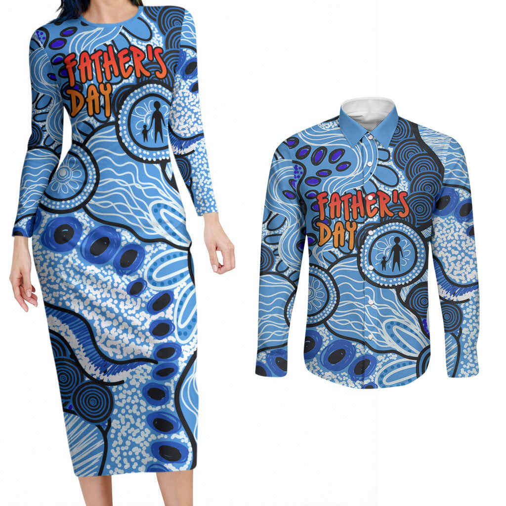 Australia Aboriginal Fathers Day Couples Matching Long Sleeve Bodycon Dress and Long Sleeve Button Shirt Indigenous Dot Art Pattern - Parent Child