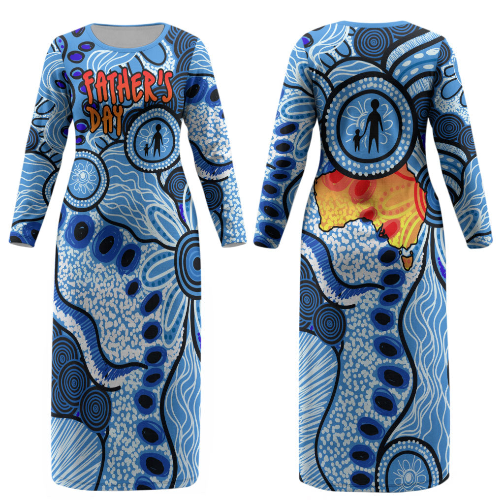 Australia Aboriginal Fathers Day Couples Matching Long Sleeve Bodycon Dress and Long Sleeve Button Shirt Indigenous Dot Art Pattern - Parent Child