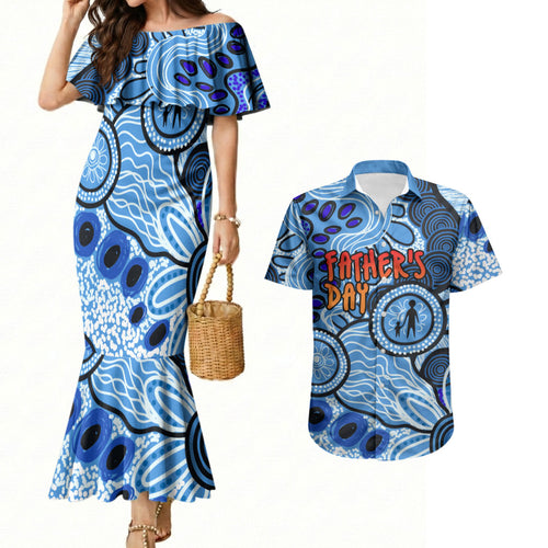 Australia Aboriginal Fathers Day Couples Matching Mermaid Dress and Hawaiian Shirt Indigenous Dot Art Pattern - Parent Child