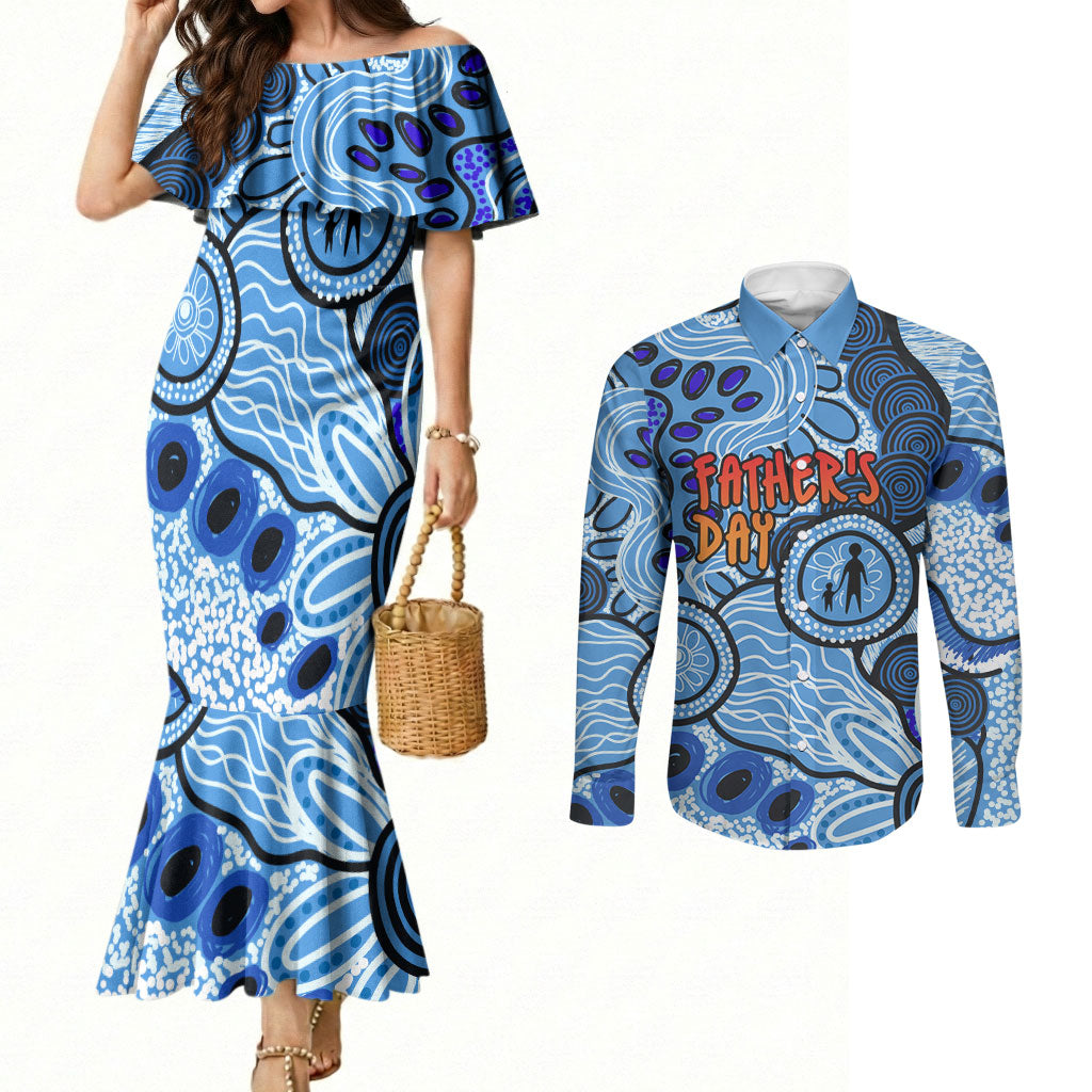 Australia Aboriginal Fathers Day Couples Matching Mermaid Dress and Long Sleeve Button Shirt Indigenous Dot Art Pattern - Parent Child