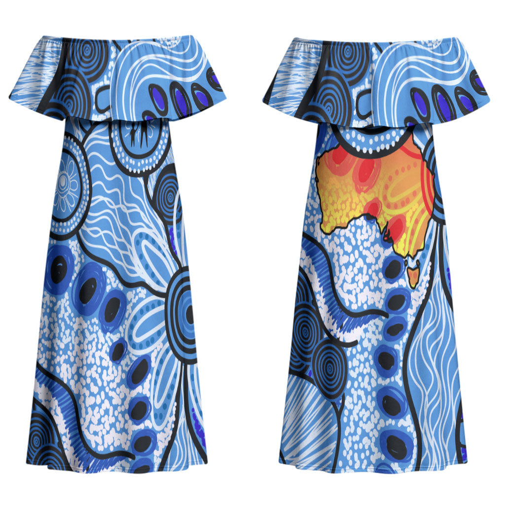 Australia Aboriginal Fathers Day Couples Matching Off Shoulder Maxi Dress and Hawaiian Shirt Indigenous Dot Art Pattern - Parent Child