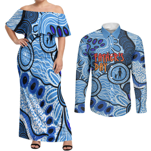 Australia Aboriginal Fathers Day Couples Matching Off Shoulder Maxi Dress and Long Sleeve Button Shirt Indigenous Dot Art Pattern - Parent Child