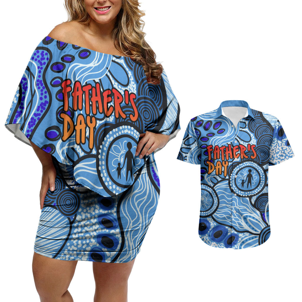 Australia Aboriginal Fathers Day Couples Matching Off Shoulder Short Dress and Hawaiian Shirt Indigenous Dot Art Pattern - Parent Child
