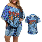 Australia Aboriginal Fathers Day Couples Matching Off Shoulder Short Dress and Hawaiian Shirt Indigenous Dot Art Pattern - Parent Child