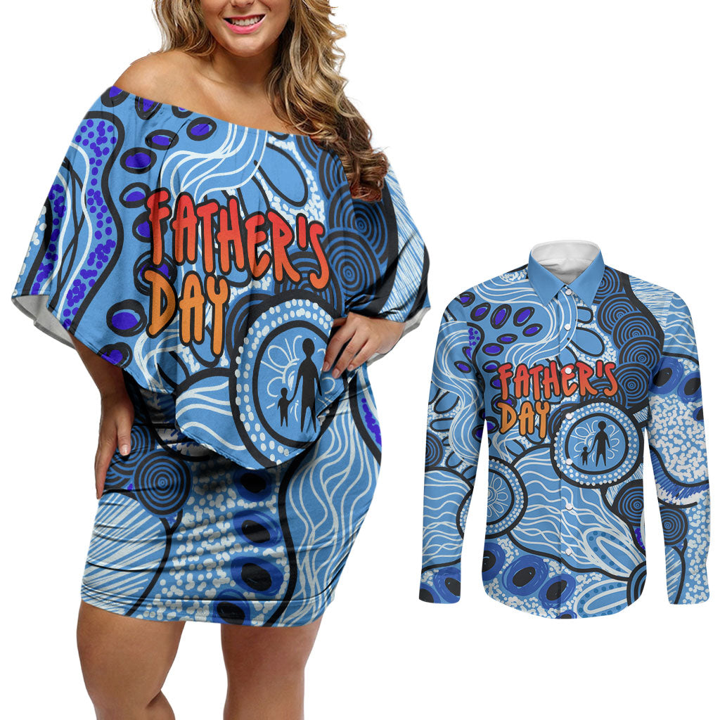 Australia Aboriginal Fathers Day Couples Matching Off Shoulder Short Dress and Long Sleeve Button Shirt Indigenous Dot Art Pattern - Parent Child