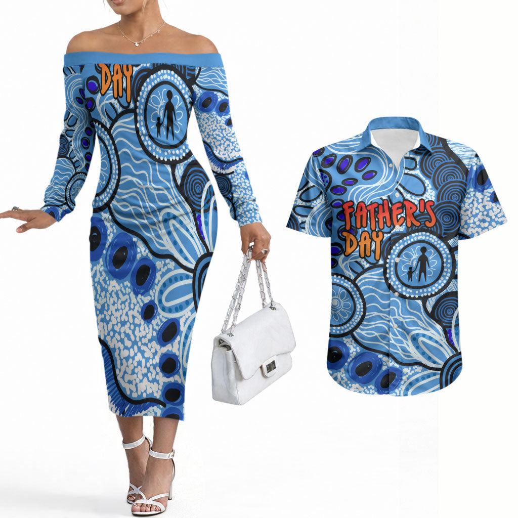 Australia Aboriginal Fathers Day Couples Matching Off The Shoulder Long Sleeve Dress and Hawaiian Shirt Indigenous Dot Art Pattern - Parent Child