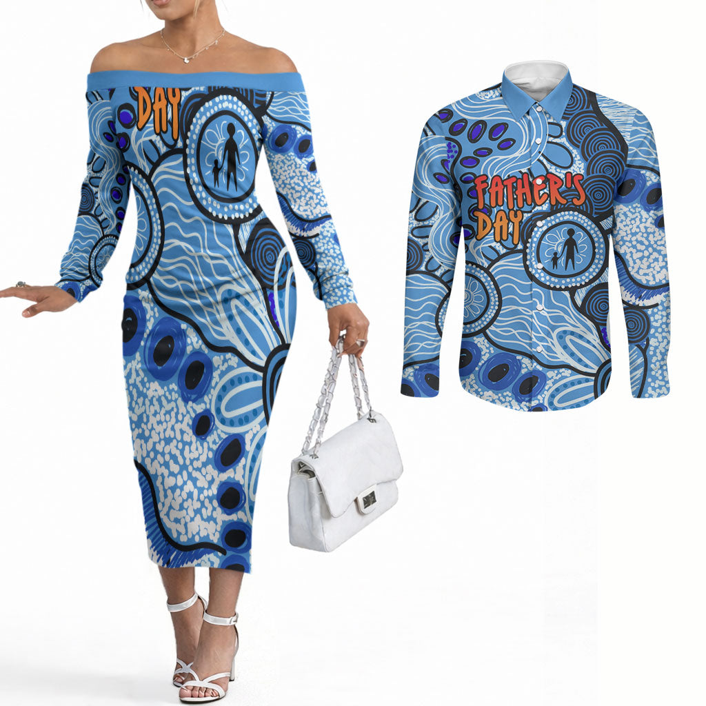 Australia Aboriginal Fathers Day Couples Matching Off The Shoulder Long Sleeve Dress and Long Sleeve Button Shirt Indigenous Dot Art Pattern - Parent Child