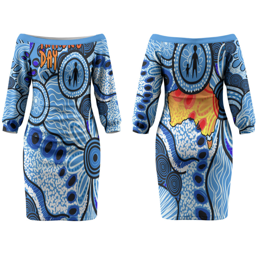 Australia Aboriginal Fathers Day Couples Matching Off The Shoulder Long Sleeve Dress and Long Sleeve Button Shirt Indigenous Dot Art Pattern - Parent Child