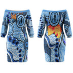 Australia Aboriginal Fathers Day Couples Matching Off The Shoulder Long Sleeve Dress and Long Sleeve Button Shirt Indigenous Dot Art Pattern - Parent Child