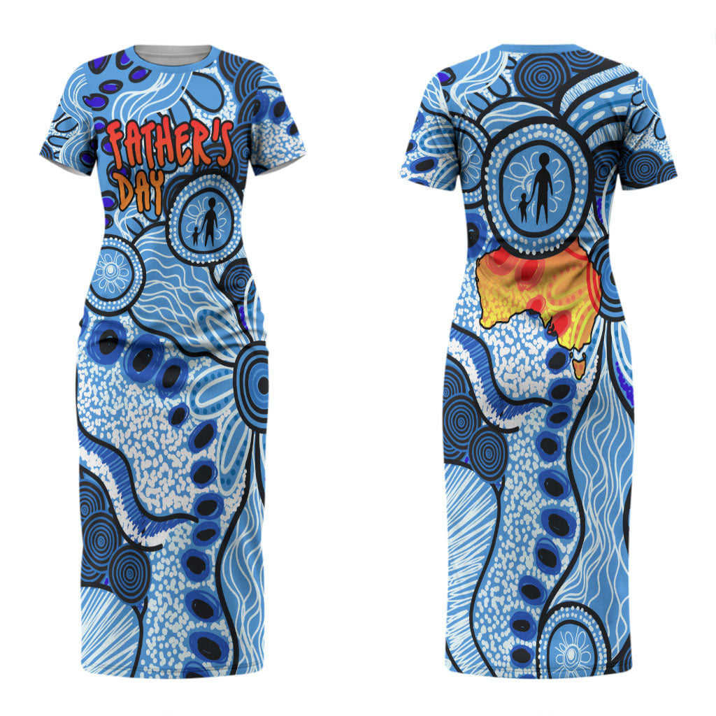 Australia Aboriginal Fathers Day Couples Matching Short Sleeve Bodycon Dress and Hawaiian Shirt Indigenous Dot Art Pattern - Parent Child