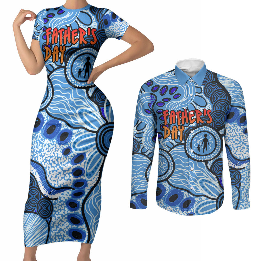 Australia Aboriginal Fathers Day Couples Matching Short Sleeve Bodycon Dress and Long Sleeve Button Shirt Indigenous Dot Art Pattern - Parent Child