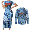 Australia Aboriginal Fathers Day Couples Matching Short Sleeve Bodycon Dress and Long Sleeve Button Shirt Indigenous Dot Art Pattern - Parent Child