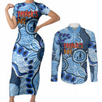 Australia Aboriginal Fathers Day Couples Matching Short Sleeve Bodycon Dress and Long Sleeve Button Shirt Indigenous Dot Art Pattern - Parent Child