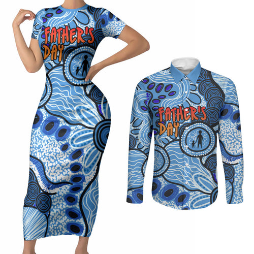 Australia Aboriginal Fathers Day Couples Matching Short Sleeve Bodycon Dress and Long Sleeve Button Shirt Indigenous Dot Art Pattern - Parent Child