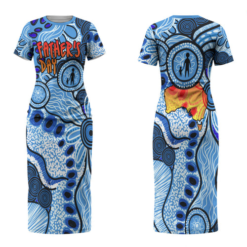 Australia Aboriginal Fathers Day Couples Matching Short Sleeve Bodycon Dress and Long Sleeve Button Shirt Indigenous Dot Art Pattern - Parent Child