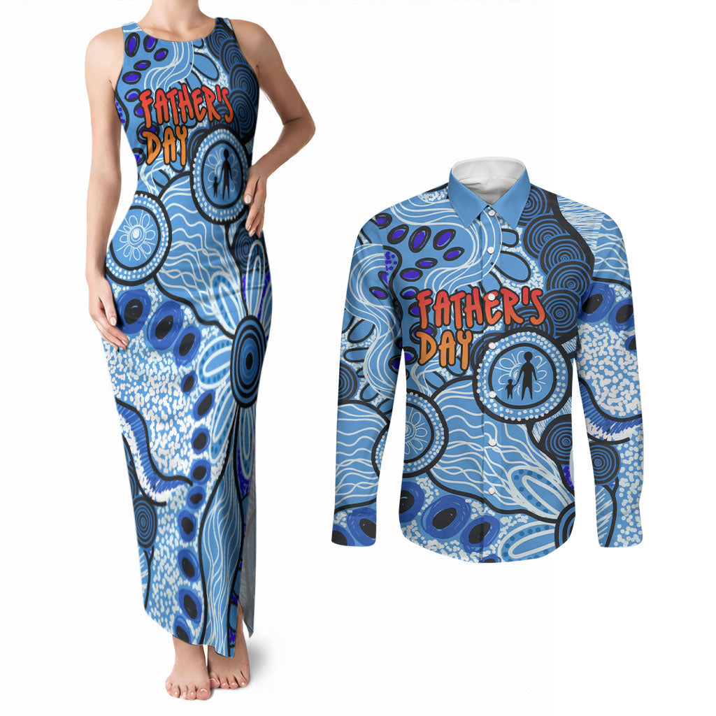 Australia Aboriginal Fathers Day Couples Matching Tank Maxi Dress and Long Sleeve Button Shirt Indigenous Dot Art Pattern - Parent Child