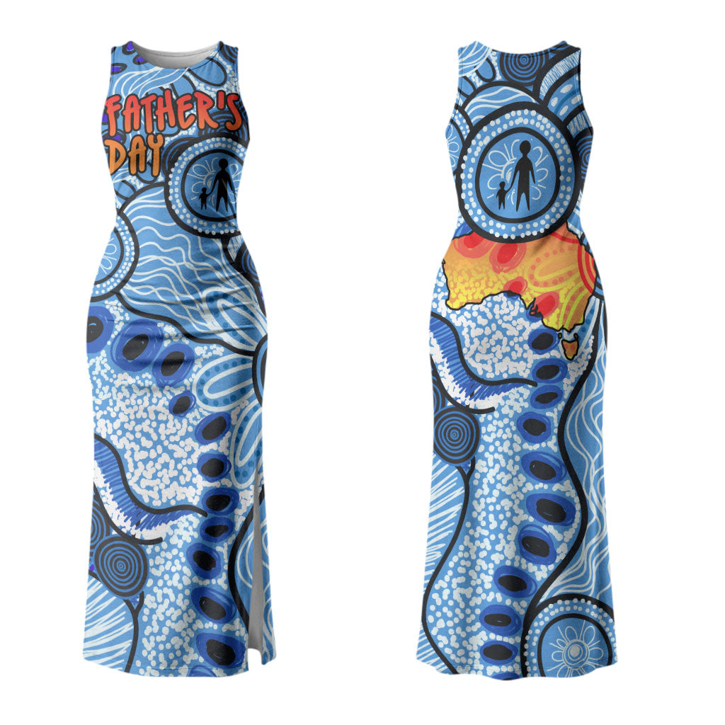 Australia Aboriginal Fathers Day Couples Matching Tank Maxi Dress and Long Sleeve Button Shirt Indigenous Dot Art Pattern - Parent Child